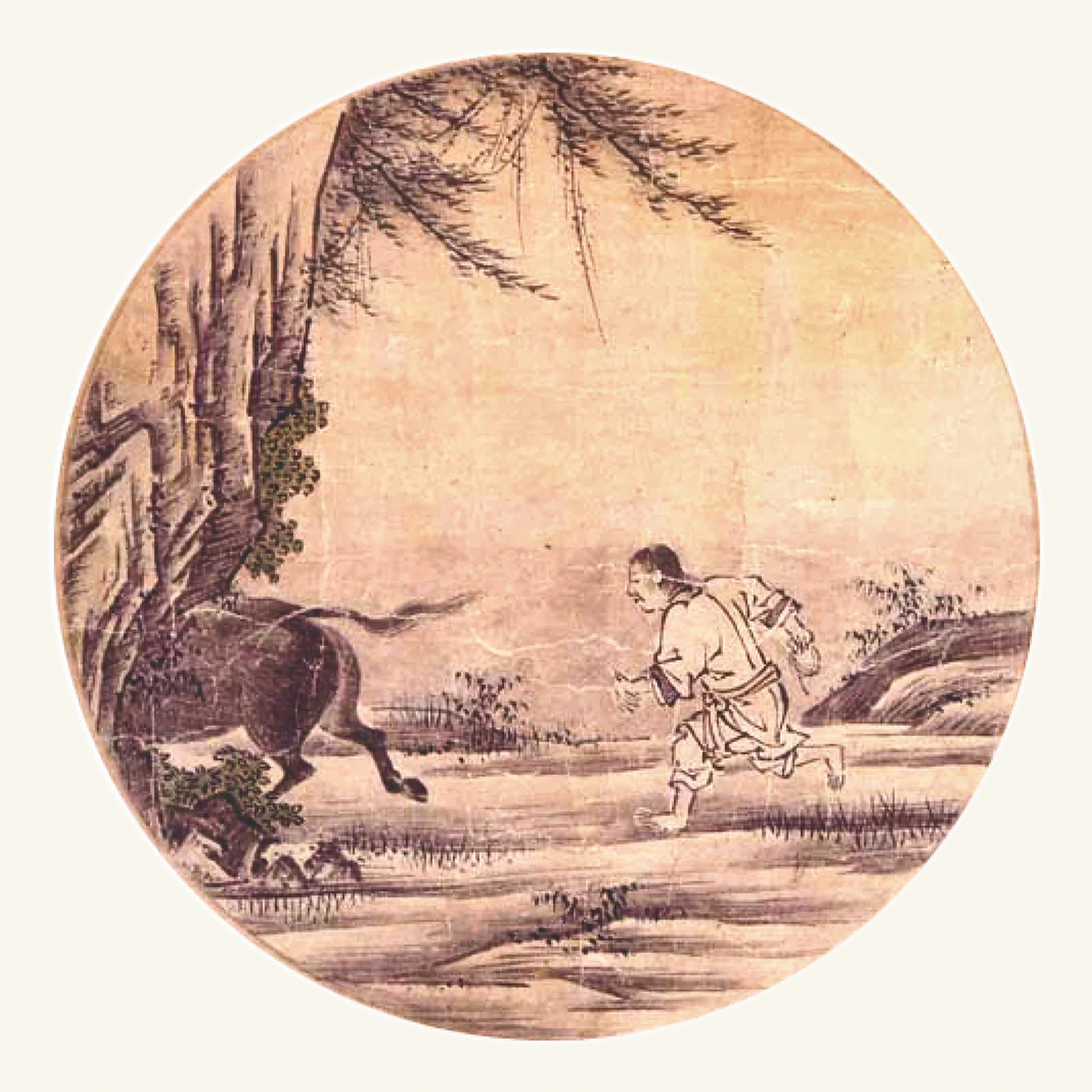 見牛—Seeing the Ox. The ox appears not behind the sensible world but through it: birdsong, warm sun, green willows. This is decisive. Awakening is not access to a superior stream of content. It is the recognition that what matters most cannot be exhausted by being made visible, communicable, or saleable. The society of performance says that only what is exhibited exists; the third picture answers that the real announces itself without becoming a product. The ox’s horns defeat the brush because presence exceeds its representation. A profile may report a life; it cannot contain one.
