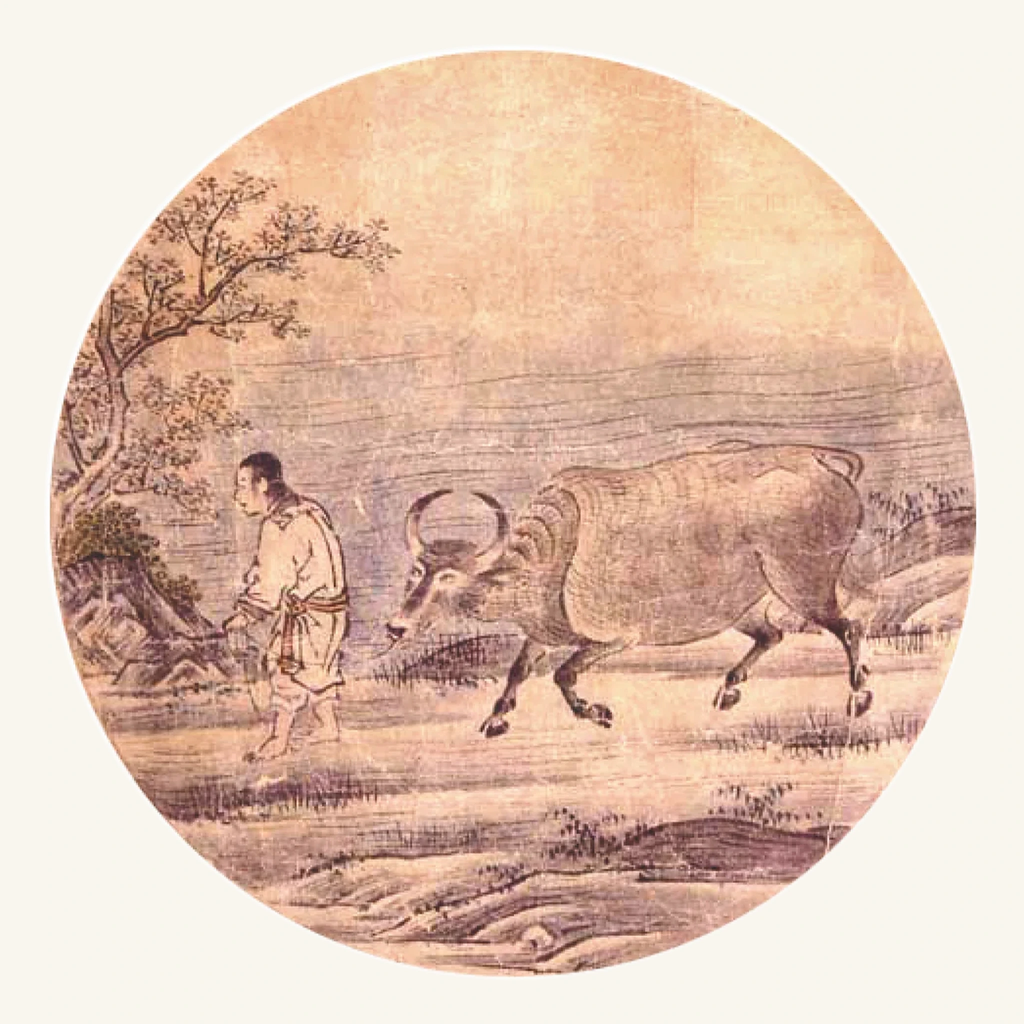 牧牛—Taming the Ox. Taming is the education of desire. The whip and rope signify attention before they signify punishment: the capacity to notice when the mind bolts into dust—comparison, resentment, vanity, compulsive production. Under performance, talent is cultivated because it can be measured and sold. Here capacities are reordered around vocation, which cannot be ranked. The goal is not permanent self-coercion. Discipline succeeds precisely when it becomes unnecessary: the ox follows without bridle. Freedom is not the absence of formation; it is formation so deeply embodied that force can be relinquished.